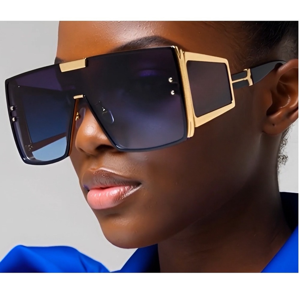 Sunglasses Women Men Blue Graient Lens Oversized Rectangular Metal Lentes Gafas - Picture 1 of 11